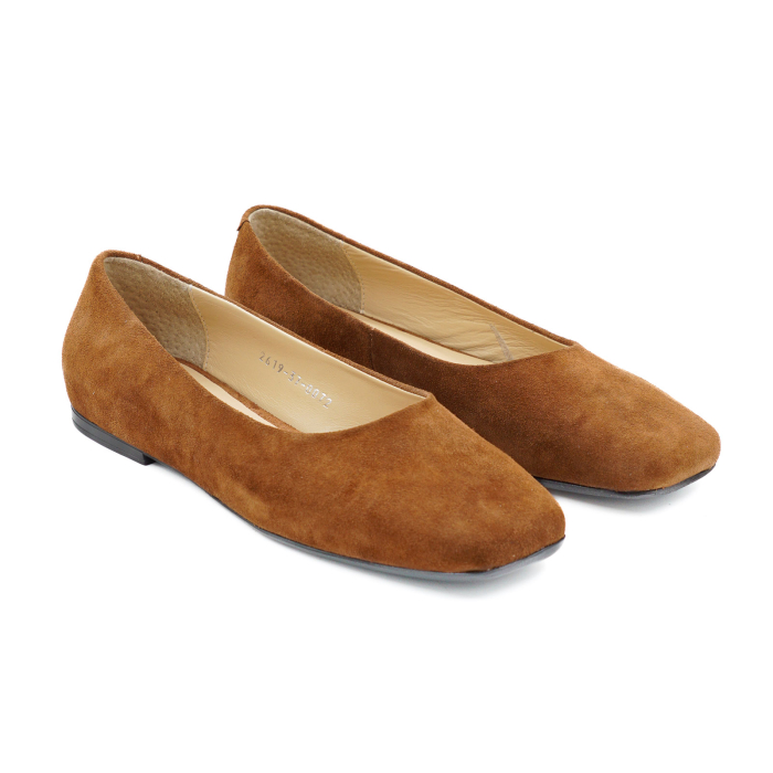 Pantofi dama tip balerini din piele naturala intoarsa maro coniac cu varf patrat si talpa de 1 cm 0072-26 [3]