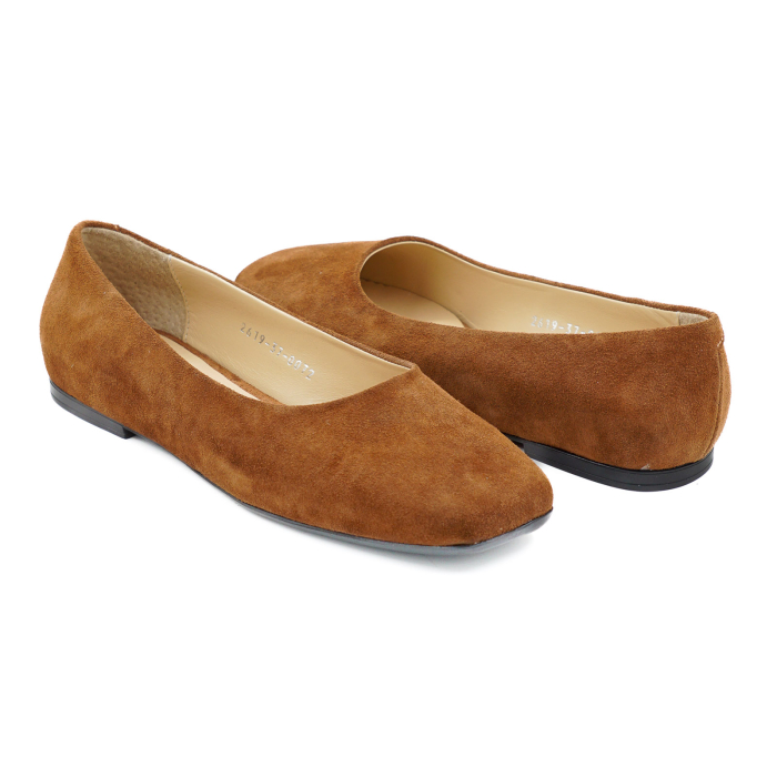 Pantofi dama tip balerini din piele naturala intoarsa maro coniac cu varf  patrat si talpa de 1 cm 0072-26 [4]