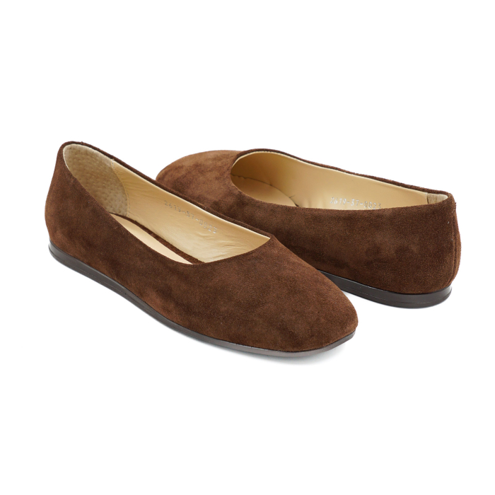 Pantofi dama tip balerini din piele naturala intoarsa maro ciocolata cu varf rotund si talpa de 1 cm 0023-26 [4]