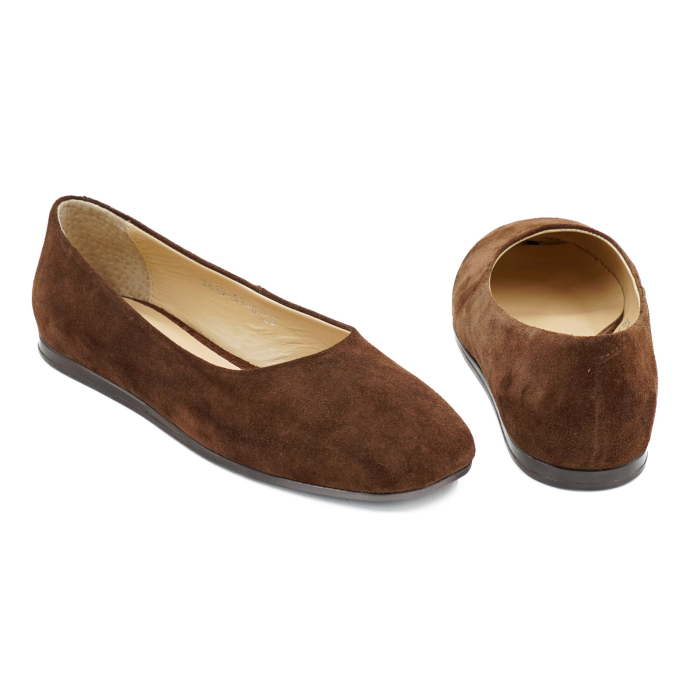 Pantofi dama tip balerini din piele naturala intoarsa maro ciocolata cu varf rotund si talpa de 1 cm 0023-26 [5]