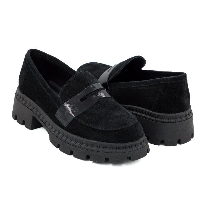 Pantofi dama tip loafers din piele naturala intoarsa si lacuita neagra cu varf rotund si talpa de 4 cm 55525-26 [4]