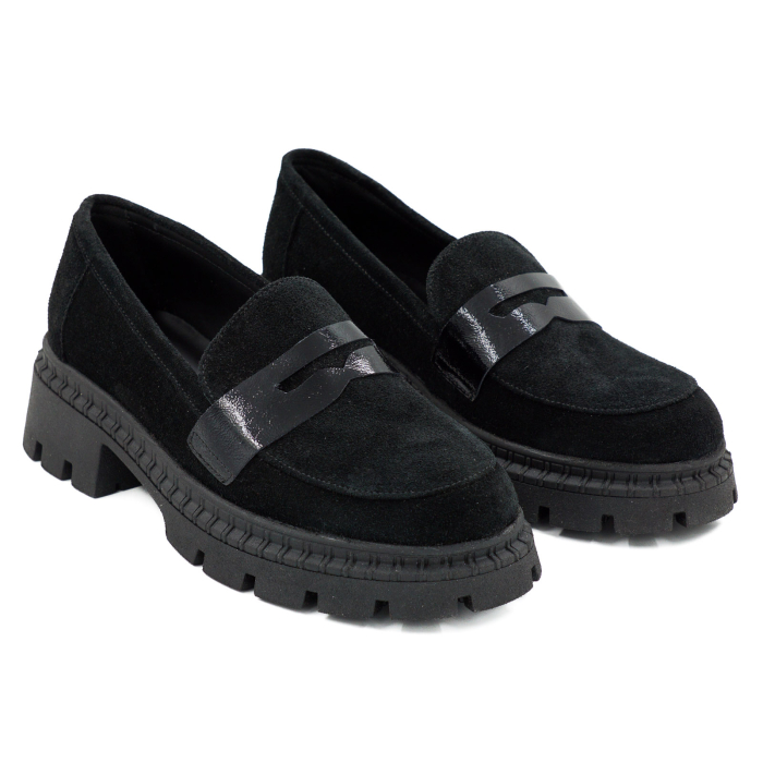 Pantofi dama tip loafers din piele naturala intoarsa si lacuita neagra cu varf rotund si talpa de 4 cm 55525-26 [3]