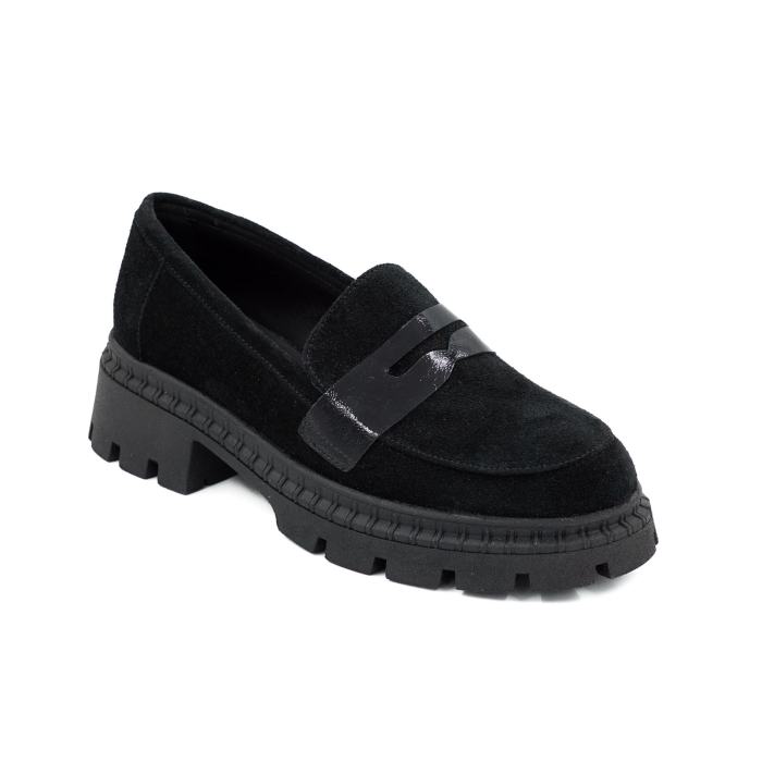 Pantofi dama tip loafers din piele naturala intoarsa si lacuita neagra cu varf rotund si talpa de 4 cm 55525-26 [2]
