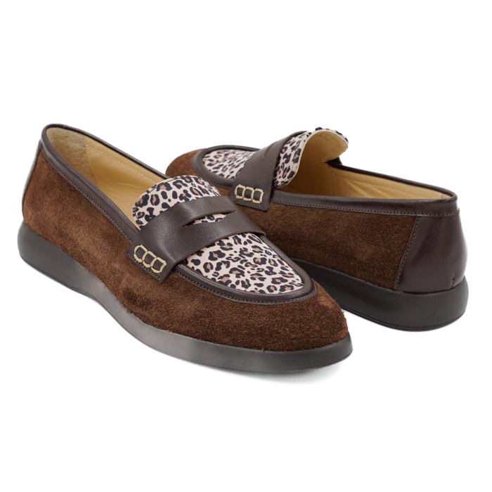 Pantofi dama tip loafers din piele naturala intoarsa maro ciocolata si cu imprimeu leopard, cu varf rotund si talpa de 2 cm 51526-2-26 [4]