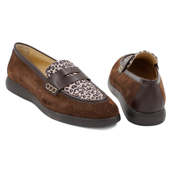 Pantofi dama tip loafers din piele naturala intoarsa maro ciocolata si cu imprimeu leopard, cu varf rotund si talpa de 2 cm 51526-2-26 [5]