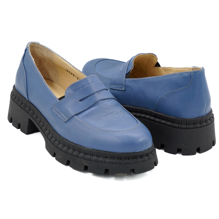 Pantofi dama tip loafers din piele naturala albastra, cu varf rotund si talpa 3 cm 60420-26 [4]