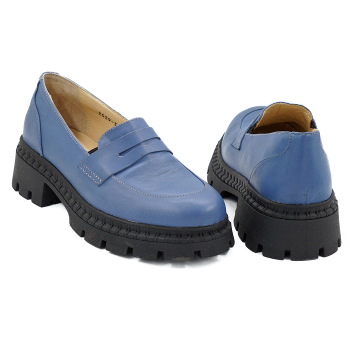 Pantofi dama tip loafers din piele naturala albastra, cu varf rotund si talpa 3 cm 60420-26 [5]