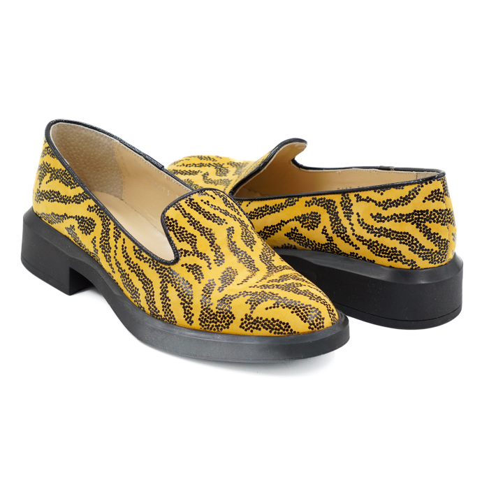 Pantofi dama tip loafers din piele naturala galbena cu imprimeu negru, cu varf rotund si talpa de 3 cm 56717-26 [4]