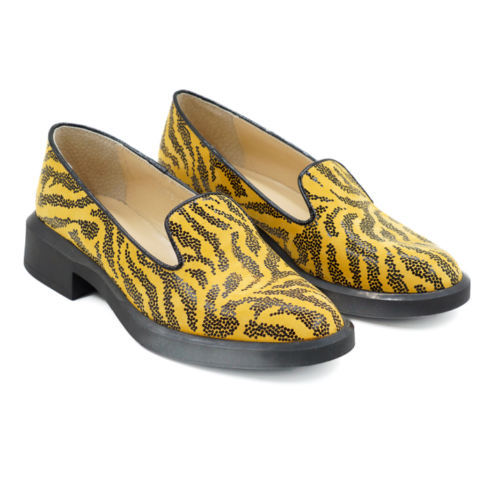 Pantofi dama tip loafers din piele naturala galbena cu imprimeu negru, cu varf rotund si talpa de 3 cm 56717-26 [3]