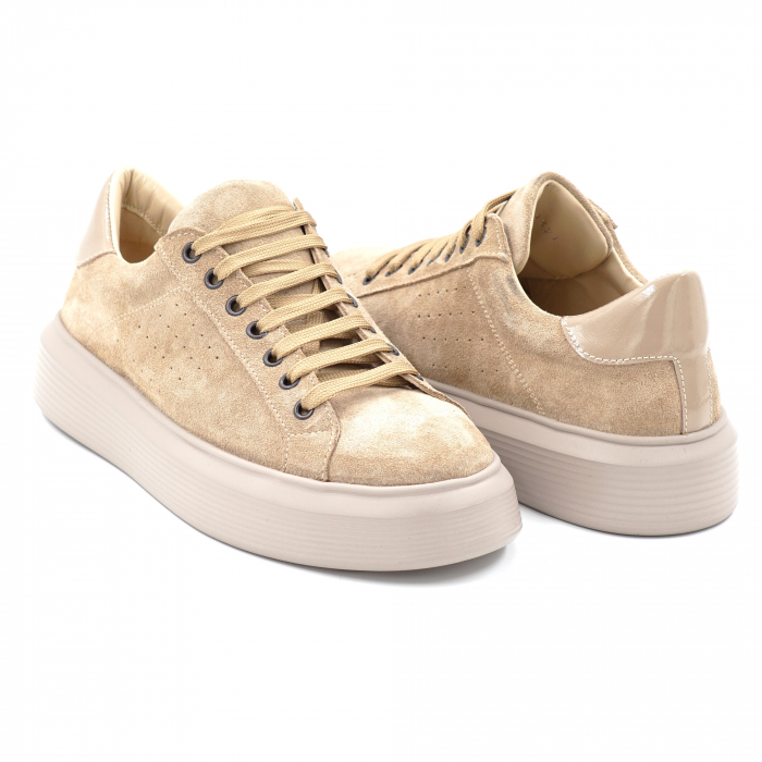 Pantofi dama tip adidas  din piele naturala intoarsa bej cappucino si lacuita grej cu varf rotund si talpa 3 cm 51321-3-24 [3]
