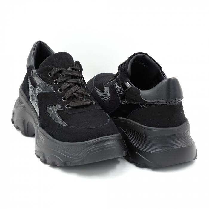 Pantofi dama tip adidas din piele naturala intoarsa si lacuita neagra cu varf rotund si talpa 4 cm 52521-3-24 [4]