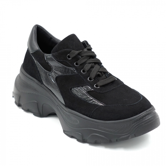Pantofi dama tip adidas din piele naturala intoarsa si lacuita neagra cu varf rotund si talpa 4 cm 52521-3-24 [2]