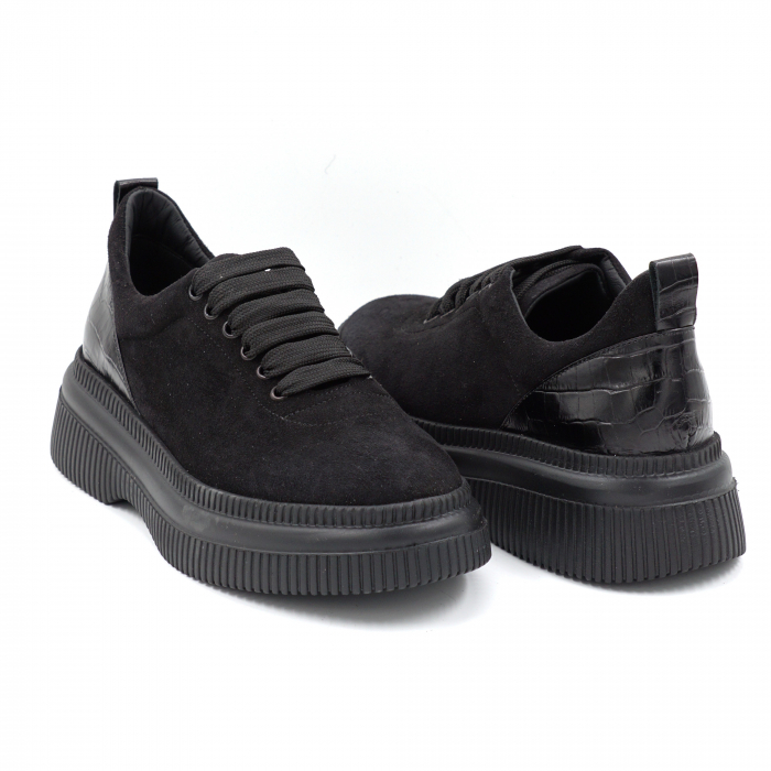 Pantofi dama casual din piele naturala intoarsa neagra cu varf rotund si talpa 4 cm  56620-2-24 [3]