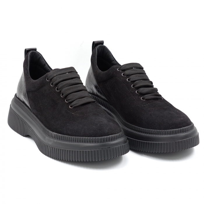 Pantofi dama casual din piele naturala intoarsa neagra cu varf rotund si talpa 4 cm  56620-2-24 [4]