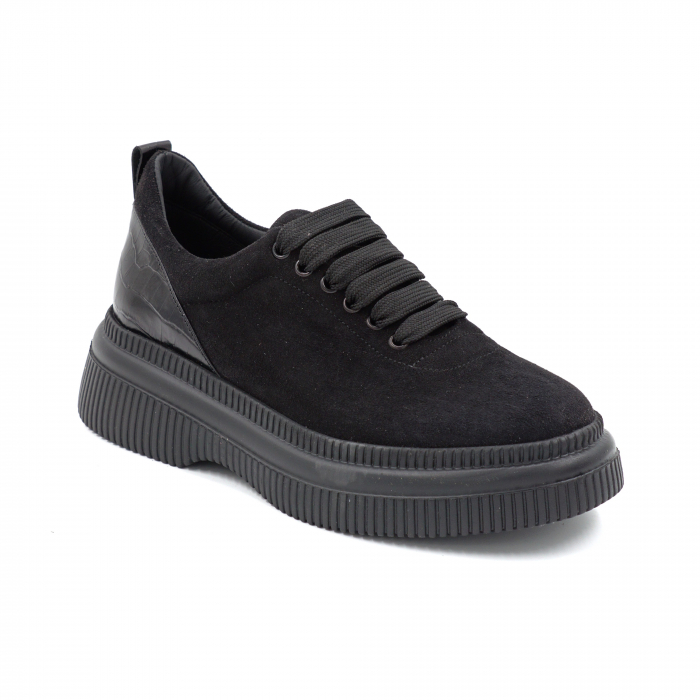 Pantofi dama casual din piele naturala intoarsa neagra cu varf rotund si talpa 4 cm  56620-2-24 [2]