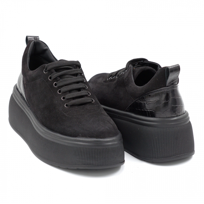 Pantofi dama tip casual din piele naturala intoarsa neagra siimprimeu  croco mat negru cu varf rotund si talpa inalta 5 cm  56620-3-24 [3]