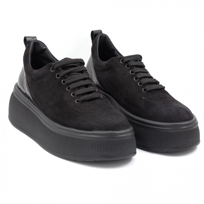 Pantofi dama tip casual din piele naturala intoarsa neagra siimprimeu  croco mat negru cu varf rotund si talpa inalta 5 cm  56620-3-24 [4]