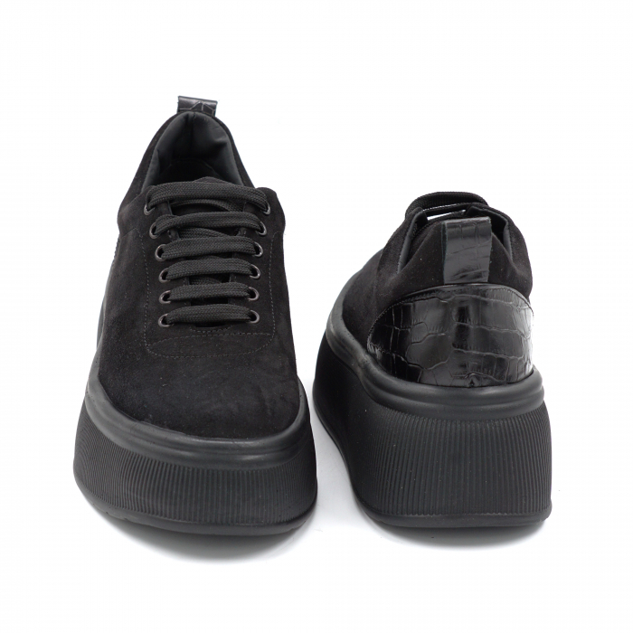 Pantofi dama tip casual din piele naturala intoarsa neagra siimprimeu  croco mat negru cu varf rotund si talpa inalta 5 cm  56620-3-24 [5]