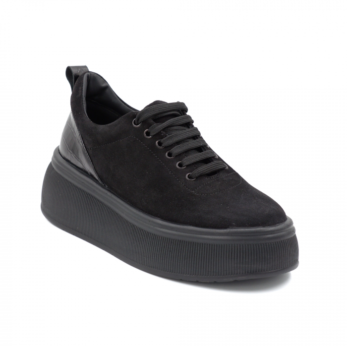 Pantofi dama tip casual din piele naturala intoarsa neagra siimprimeu  croco mat negru cu varf rotund si talpa inalta 5 cm  56620-3-24 [2]