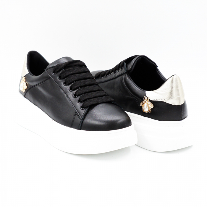 Pantofi dama tip adidas din piele naturala neagra si aurie cu varf rotund si talpa inalta de 5 cm 62821-2-24 [3]