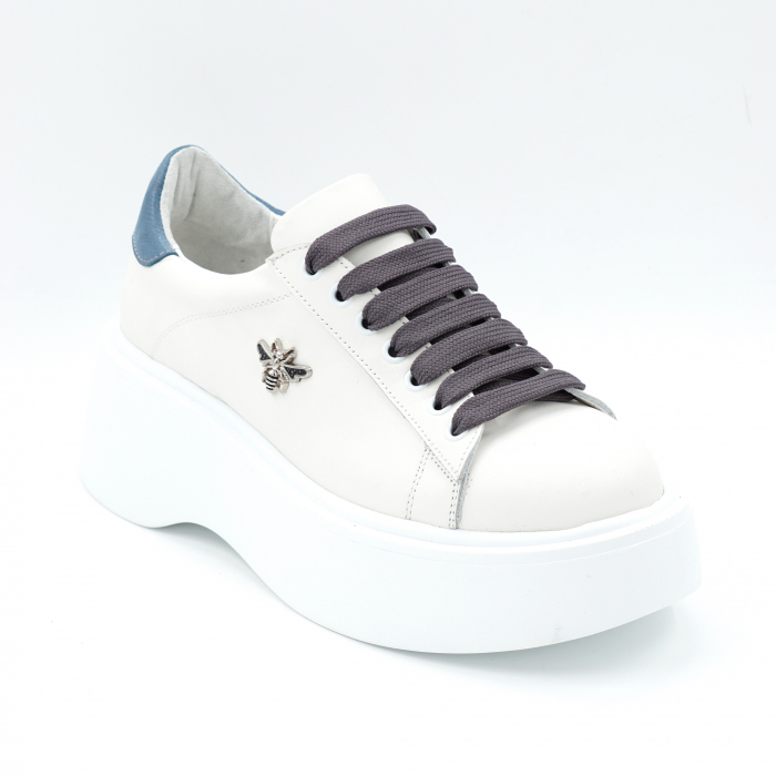 Pantofi dama tip adidas din piele naturala alba si albastru deschis belu sidefat cu varf rotund si talpa inalta 6 cmt 62921-24 [2]