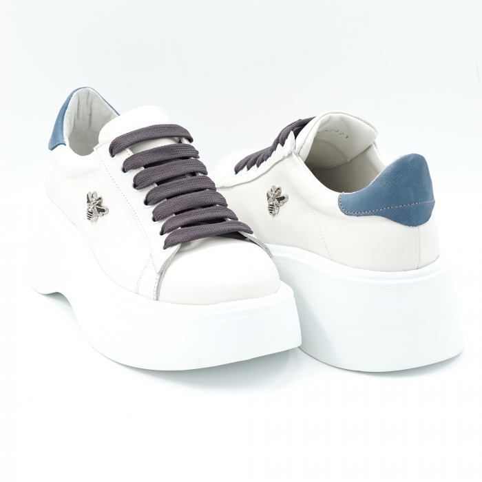 Pantofi dama tip adidas din piele naturala alba si albastru deschis belu sidefat cu varf rotund si talpa inalta 6 cmt 62921-24 [4]