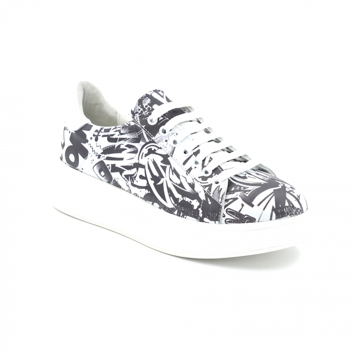 Pantofi dama tip adidas din piele naturala imprimeu alb cu negru cu varf rotund si talpa 4 cm 63021-4-24 [2]