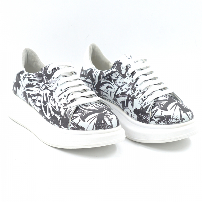 Pantofi dama tip adidas din piele naturala imprimeu alb cu negru cu varf rotund si talpa 4 cm 63021-4-24 [4]