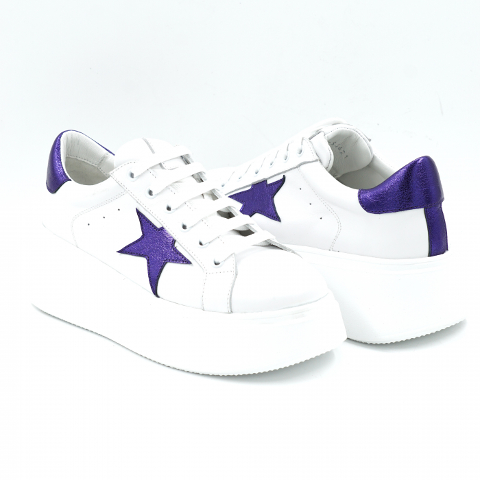 Pantofi dama tip adidas din piele naturala alba si mov metalizat cu varf rotund si talpa de 5 cm 54621-25 [4]