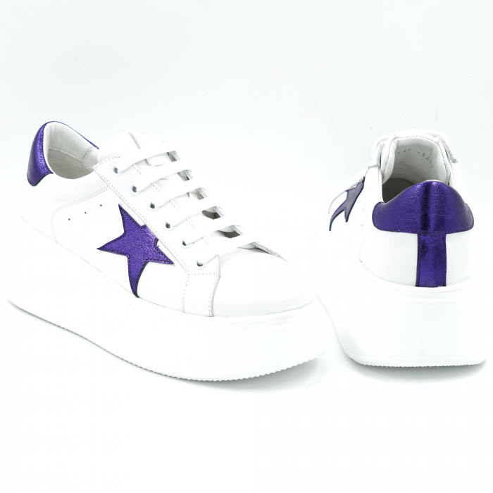 Pantofi dama tip adidas din piele naturala alba si mov metalizat cu varf rotund si talpa de 5 cm 54621-25 [5]