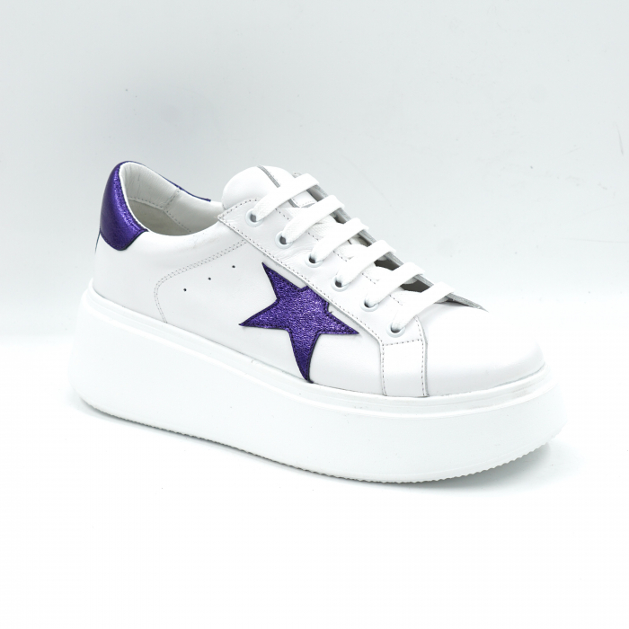 Pantofi dama tip adidas din piele naturala alba si mov metalizat cu varf rotund si talpa de 5 cm 54621-25 [2]