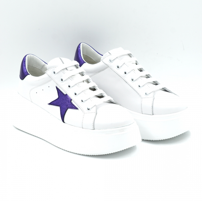 Pantofi dama tip adidas din piele naturala alba si mov metalizat cu varf rotund si talpa de 5 cm 54621-25 [3]