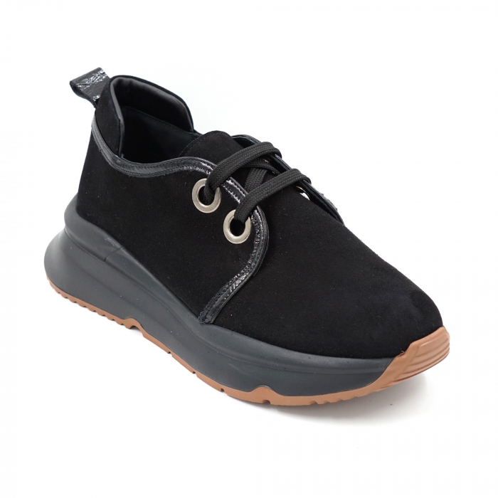 Pantofi dama tip adidas din piele naturala intoarsa si lacuita neagra cu varf rotund si talpa 3 cm 53820-24 [2]