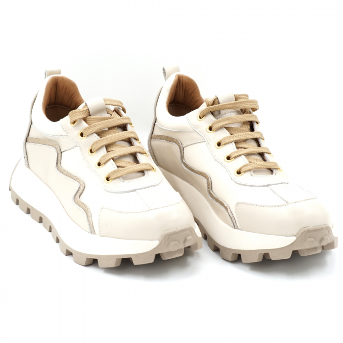 Pantofi dama tip adidas  din piele naturala  bej deschis si auriu cu varf rotund si talpa 3 cm 55721-24 [3]