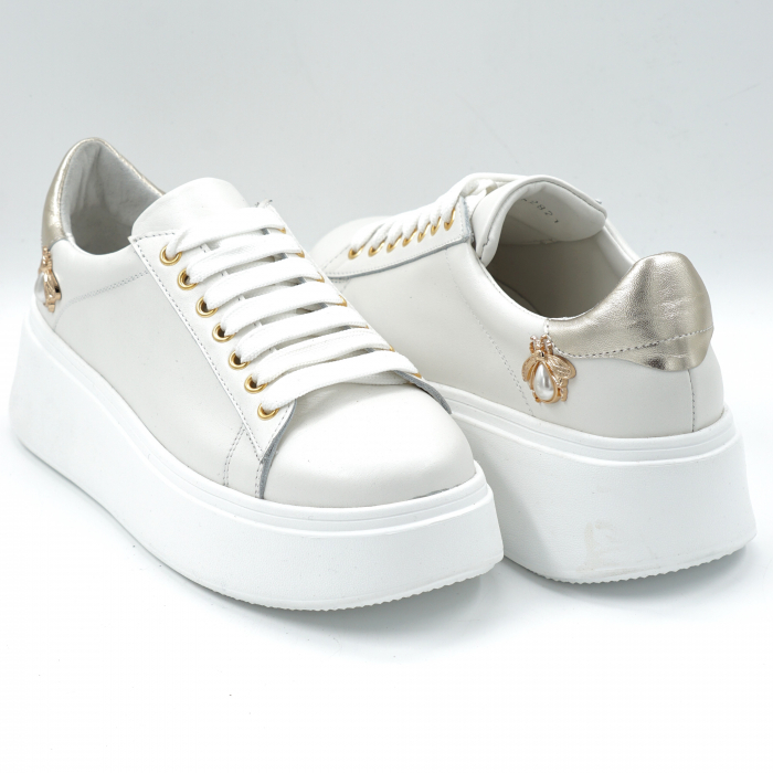 Pantofi dama tip adidas din piele naturala alba si aurie cu varf rotund si talpa inalta 6 cm 62821-24 [4]
