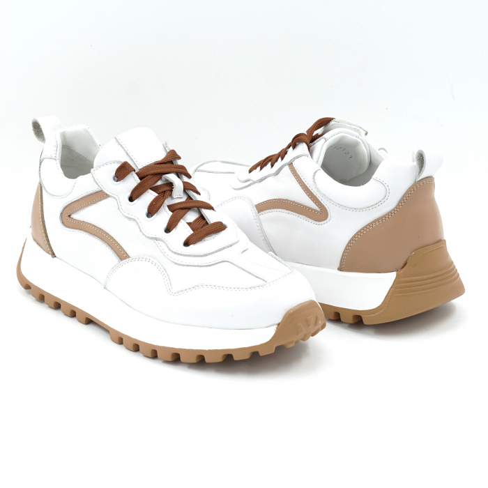 Pantofi dama tip adidas din piele naturala alb si bej inchis cu varf rotund si talpa de 3 cm  52121-25 [4]