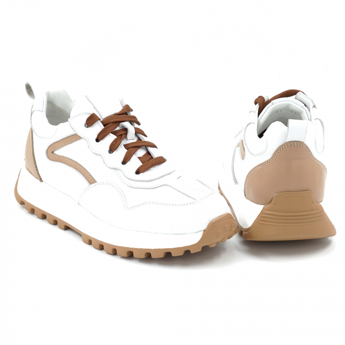 Pantofi dama tip adidas din piele naturala alb si bej inchis cu varf rotund si talpa de 3 cm  52121-25 [5]