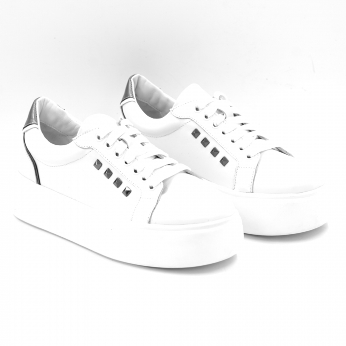Pantofi dama tip adidas din piele naturala alba si argintie cu varf rotund si talpa de 3 cm 64521-25 [4]