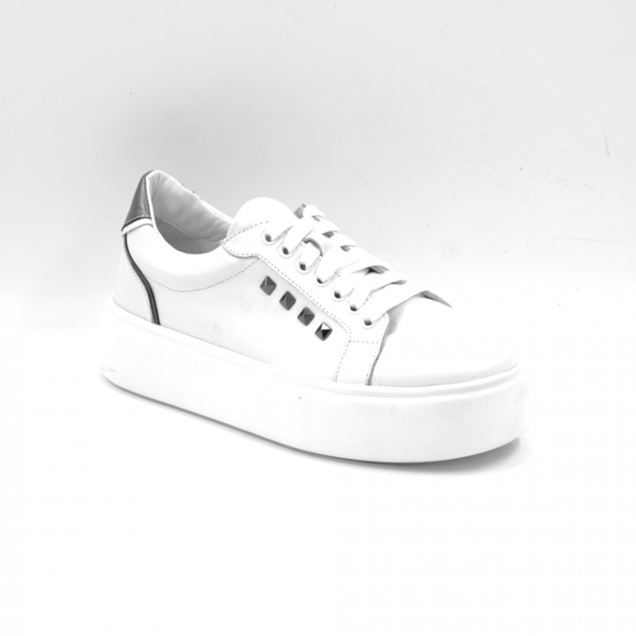 Pantofi dama tip adidas din piele naturala alba si argintie cu varf rotund si talpa de 3 cm 64521-25 [2]