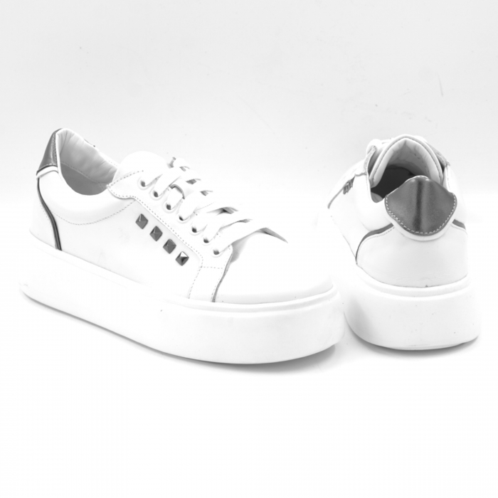Pantofi dama tip adidas din piele naturala alba si argintie cu varf rotund si talpa de 3 cm 64521-25 [5]