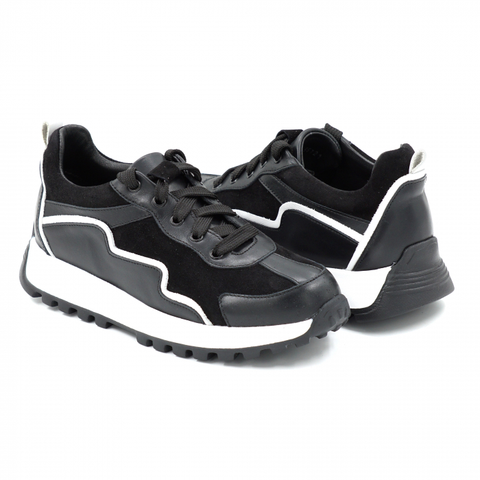 Pantofi dama tip adidas din piele naturala neagra si alba cu varf rotund si talpa de 3 cm 55721-25 [4]