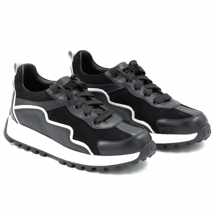 Pantofi dama tip adidas din piele naturala neagra si alba cu varf rotund si talpa de 3 cm 55721-25 [5]