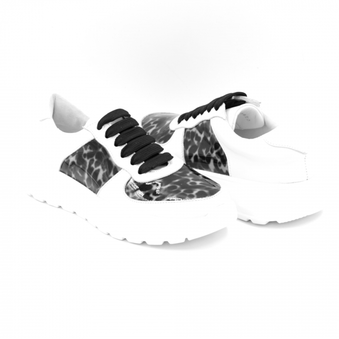 Pantofi dama tip adidas din piele naturala alba si lacuita cu imprimeu animal print cu varf rotund si talpa de 3 cm 63820-25 [4]