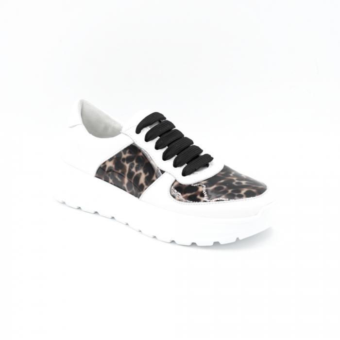 Pantofi dama tip adidas din piele naturala alba si lacuita cu imprimeu animal print cu varf rotund si talpa de 3 cm 63820-25 [2]