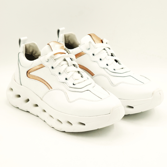 Pantofi dama tip adidas din piele naturala bizonata alba si aurie cu varf rotund si talpa de 4 cm 52121-3-25 [3]