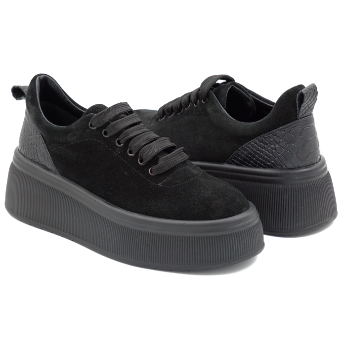 Pantofi dama casual din piele naturala intoarsa neagra cu varf rotund si talpa de 5 cm 56620-25 [4]