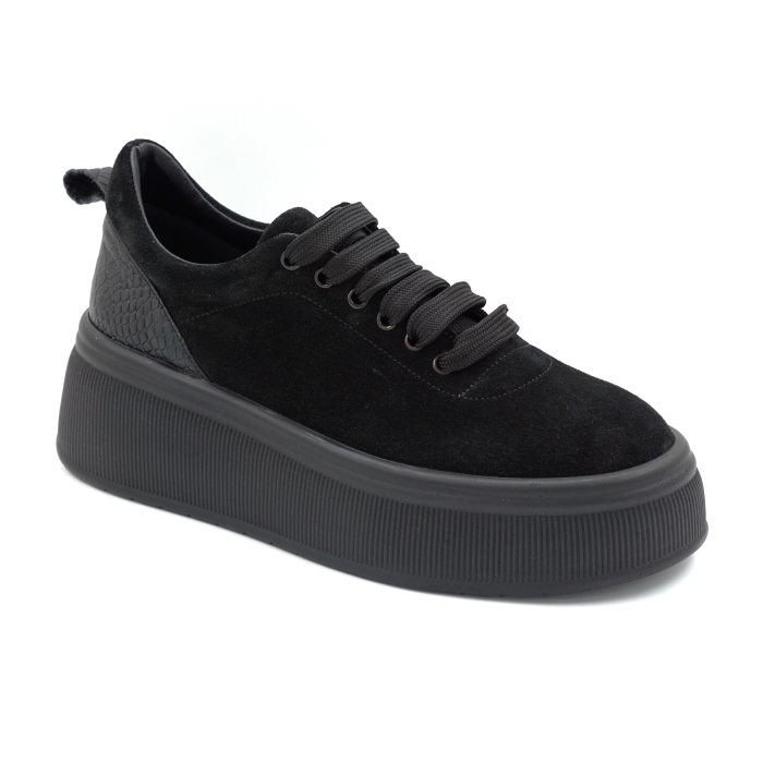 Pantofi dama casual din piele naturala intoarsa neagra cu varf rotund si talpa de 5 cm 56620-25 [2]