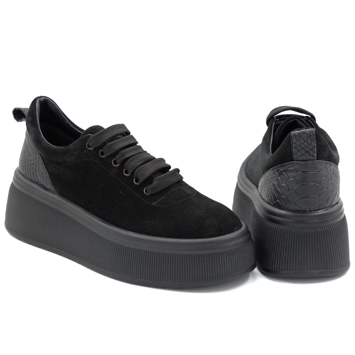Pantofi dama casual din piele naturala intoarsa neagra cu varf rotund si talpa de 5 cm 56620-25 [5]