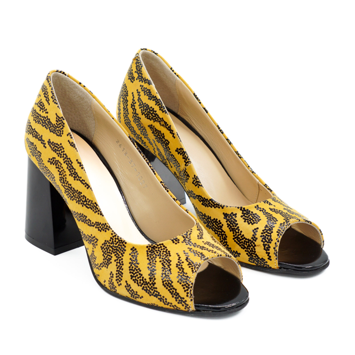 Pantofi decupati dama din piele naturala galben mustar cu imprimeu negru, cu varf rotund si toc mediu gros de 8 cm 1027-26 [3]