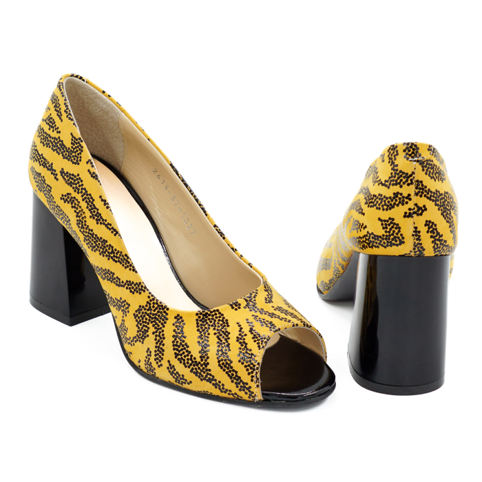 Pantofi decupati dama din piele naturala galben mustar cu imprimeu negru, cu varf rotund si toc mediu gros de 8 cm 1027-26 [5]